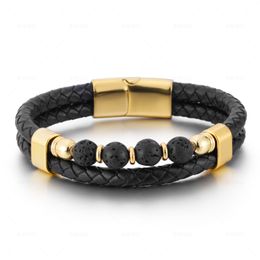 Layered Braided Leather Bracelets for Men Link Chain Strand 8mm Stone beads with Magnetic Clasp Wrist Band Rope Cuff Bangle lapis lazuli lava rock