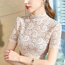 Lace Short Sleeve Top Women T Shirt Summer Foreign Style Small Stand Collar Hollow Thin Mesh With Half High