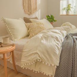 Bedding Sets Beige Light Duvet Cover Set Pom Poms Shabby Chic Bed Soft Solid Colour Linen Home Textile No Comforter