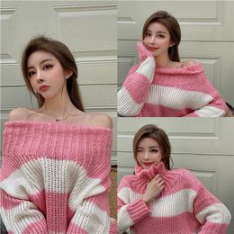 JXMYY Fashion casual product lazy wind high neck pink striped Korean version of thick wool pullover knit sweater top 210412