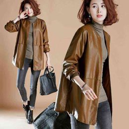 Women PU Leather Jacket Spring Autumn Large Size 6XL Faux Coats Basic Female Mid-length Overcoat Jackets L220728