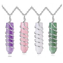 Natural Stone Pendant Chain Necklace Silver Colour Wire Wrapped Spiral Hexagonal Prism Healing Crystal Quartz Necklace