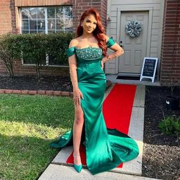 2022 Hunter Mermaid Beaded Evening Dresses Off The Shoulder Neck Sequined Split Side Prom Gowns Sweep Train Satin Plus Size Formal Dress B0512