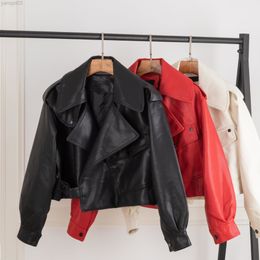 New Spring Women Faux Leather Jacket Turndown Collar PU Motorcycle Jackets Loose Streetwear Outerwear Black Red White Coat L220801