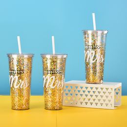 New 24oz Double Layer Plastic Straw Water Bottles Simple Glitter Sequin Ladies Wedding Water Cup