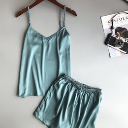 Ice Silk Twinset Korean Solid Colour Women Pyjamas Camisole Pyjama Set Woman Summer Vest Shorts Suit 220329