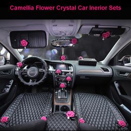 Car Seat Covers Rose Camellia Flower Interior Accessories Styling Crystal Leather Steering Wheel Cover Hand Brake Gear Belt Sets