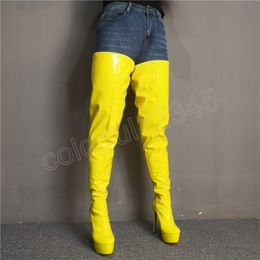 Women Platform High Heel OveThe Over Knee Boots Sexy Super High Heels Yellow Patent Leather Long Boots Woman Winter