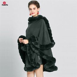 Fashion Handcraft Full Trim Faux Rex Rabbit Fur Cape Coat Loose Knit Cashmere Cloak Shawl Women Fall Winter Pallium Outwear 201214