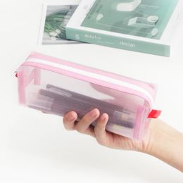 Transparent Mesh Zipper Pencil Bag Large Capacity Nylon Pen Case Pouch Solid Colour Stationery Cases for Student School Supplies 6 Colours