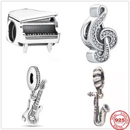925 Sterling Silver Dangle Charm Piano Note Guitar Beads Bead Fit Pandora Charms Bracelet DIY Jewellery Accessories