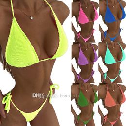 2022 Wrinkled Special Fabric Wavy Strip Sexy Two Piece Bikini Set Women's Fluorescent Strap Split Swimsuit