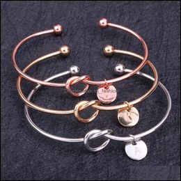Link Chain Bracelets Jewellery 26 Letter Rose Gold Colour Knot Heart Bracelet Bangle Fashion Zinc Alloy Round Pendant Diy Bridesma Dh4Em