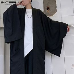 Men Black Cardigan Shirts Casual Open Outwear Man Trench Sleeve Long Coats Fashion Japanese Style Yukata Tops 220803