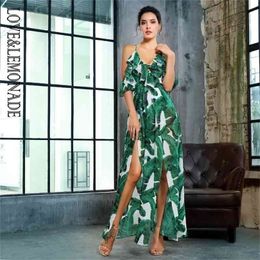 LOVE&LEMONADE V-neck Cut Out Green Leaf Print Fit Chiffon Jumpsuit LM81410 210326