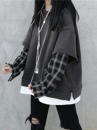 Women's Hoodies Sweatshirts Black Hip Hop Hoodie Women Harajuku Plaid Japan Kawaii Femme Casual Pullover Tops Grey Oversized Basic 230206