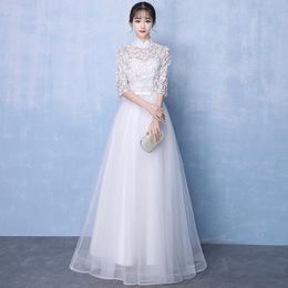 Ethnic Clothing Sheng Coco White Yarn Chinese Style Gown Hollow Petals Banquet Evening Dress Elegant Temperament Long Bridesmaid