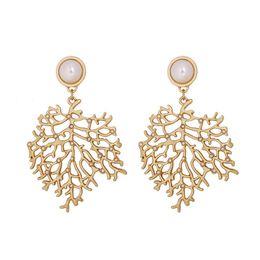 Dangle & Chandelier Luxury Gold Color Coral Leaves Pearl Earrings Big Exaggeration Bohemia Women Long Boho BijouxDangle ChandelierDangle