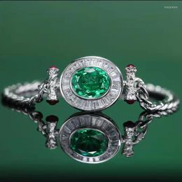 Charm Bracelets Big Dazzling Simulation Emerald Silver Color Bracelet For Women Retro Green Zircon Bangle Wedding Anniversary GiftCharm Inte