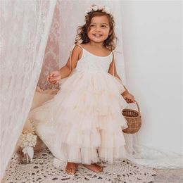 Pricness Party Summer Dresses For Girls Kids Hollow Out Elegant Birthday Tutu Sling Tulle Clothes Wedding 220422