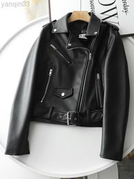 Ailegogo New Spring Women Streetwear Biker Leather Jacket Slim Fit Turn Down Collar Coat Outwear with Belt Black Pu Faux Leather L220801