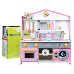 Play Kitchen for Girl Wooden Simulation Kitchen Stove Microwave Oven Washing Machine Tableware Toys for Kids Birthday Gifts LJ201211