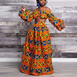 Ethnic Clothing African Dresses For Women Autumn 2-piece Set Lady Full Sleeve Shoulder Off Festher Dashiki Print Split Skirts Africna Clothe