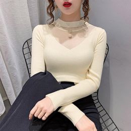Women's Sweaters Long-sleeved Half-high Neck Stitching Mesh Sweater Women Spring And Autumn Self-cultivation Hollow Knit Top Western StyleWo