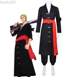 One Piece Roronoa Zoro Cosplay Come Pirate Hunter Wano Land Zoro Juurou Anime Clothes Man Black Full Outfit L220802