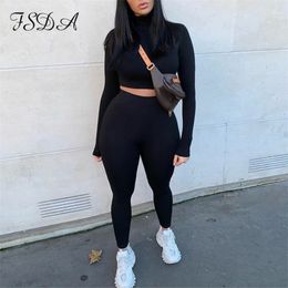 FSDA 2020 Autumn Women Set White Long Sleeve Crop Top And Biker Pants Leggings Sport Two Piece Set Casual Streetwear Tracksuit T200903