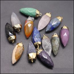 Arts And Crafts Arts Gifts Home Garden Natural Stone Pendants Sier Gold Cone Healing Pendum Charms Faceted Grey Agate Dhips