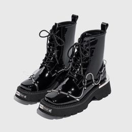 Spring Decorative Women Boots Square Toe Women's Motorcycle Boot Patent Leather Fashion Female Cool Shoes