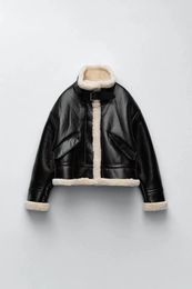 Faux Fur Women Fashion Thick Warm Faux Leather Shearling Jacket Coat Vintage Long Sleeve Flap Pocket Female Outerwear Chic Tops