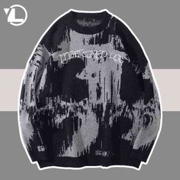 Retro Graffiti Knitting Sweater Men Streetwear Hip Hop Inkjet Pullover Women Oversize Rock Punk Sweaters Cotton Autumn Tops New T220730