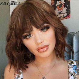 Hair Synthetic Wigs Cosplay Aisi Queens Short Brown Wig Synthetic Wigs with Bangs for Women Purple Water Wave Natural Bob Heat Resistant False Hair 220225