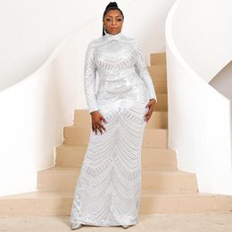 Robes décontractées 2022 Automne Elegant Elegant Elegant For Women African Dashiki Sequin Long Manche Femme Blanc Femme Dames Vêtements