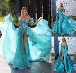 Blue Mermaid Prom Dresses Sexy V Neck Sleeveless Sequins Appliques Beads Sequins Lace Side Slit Floor Length Plus Size Formal Party Gowns Custom Made