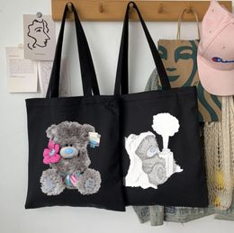 Women's Cartoon Bear Shopping Bags Canvas Commuter Shopper Vest Bag Reusable Grocery Black Eco Handbags Shoulder Bags 13 Styles