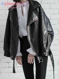 Aelegantmis Loose Women Soft Faux Leather Jacket With Belt Black Pu Biker Lady Basic Coat Street Casual Outerwear L220728