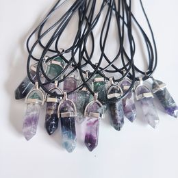 Fluorite Necklaces Crystal Pendants Suspension Natural Gem Stone Quartz Bullet Hexagonal Pendulum Reiki Chakra Necklace