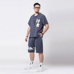 Men's Tracksuits Jogging Mens Two Piece Set Button Chinese Style Men Pullover Printed T-Shirt Tracksuit Shorts Knee Length Plus Size Sweatsu