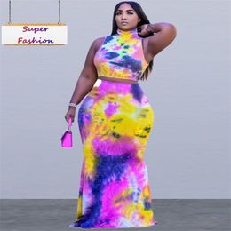 XL5XL Plus Size Set Clothing Summer Sexy Tie Dye Sleeveless Top And Long Skirt 2 Two piece set dress suit Wholesale 220713