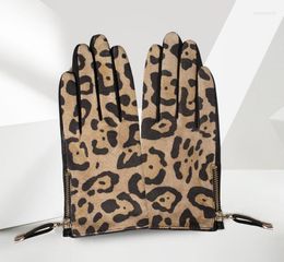 Five Fingers Gloves Women'a Natural Sheepskin Leather Leopard Print Driving Glove Lady's Fashion Genuine Suede Zipper Motorcycle R617