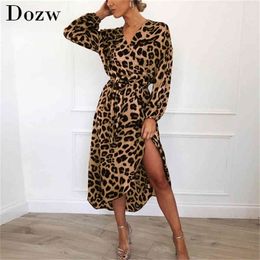 Leopard Dress Women Chiffon Long Beach Dress Loose Long Sleeve Deep Vneck Aline Sexy Party Dress Vestidos de fiesta 210414