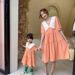 Summer fashion turn-down collar family dress mom and dughter short sleeve thin princess dresses