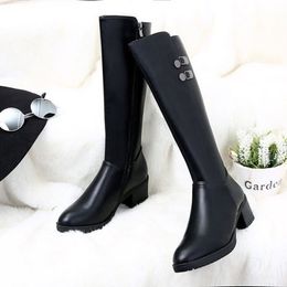 New Winter Leather Women Knee High Boots Motorcycle Square Toe Zip Footwear Low Heels Female Riding Boot Woman Long Boots 201109