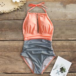 Solid And Striped 1pc Swimsuit 2020 New Sexy Halter Bandage Swimwear Push Up Bathing Suits Beach Wear Backless Monokini T200708