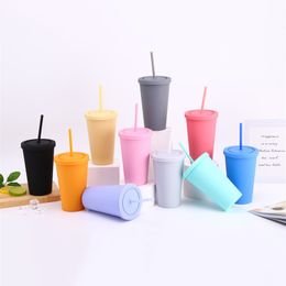 Candy Color Tumblers Rubber Paint Creative Double Layer Plastic Scrub Car Portable Sports Summer Water Cup Straw Cup