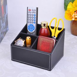 Storage Boxes & Bins 3-slot Wood Structure Leather Desk Organiser Box For Cosmetics Sundries Stationery Pen Pencils Holder Black 204AStorage