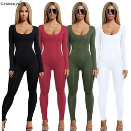 Jumpsuits for Women 2019 Sexy Black Long Sleeve Women Jumpsuit White Green Rompers Womens Jumpsuit Long Pants Solid Colours T200620